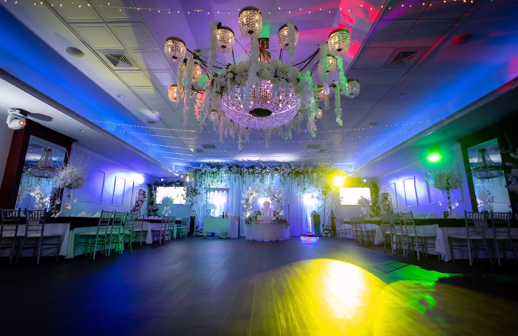 Elegant reception setup at Princess Manor catering venue in Brooklyn.