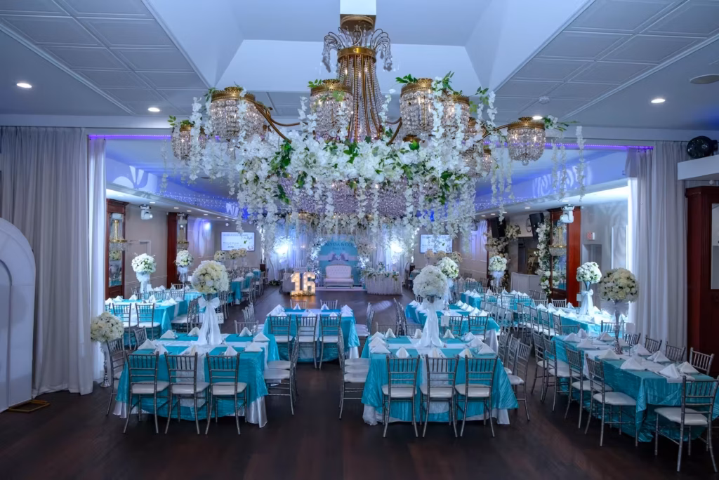 Elegant Sweet Sixteen reception setup at Princess Manor catering venue in Brooklyn.