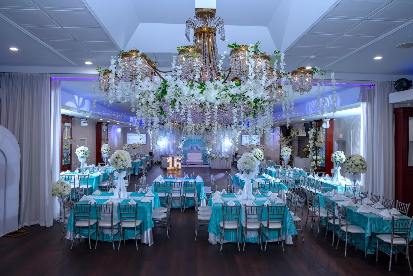 Elegant Sweet Sixteen reception setup at Princess Manor catering venue in Brooklyn.